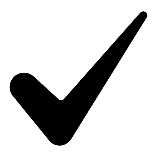 A solid black checkmark icon on a plain white background.